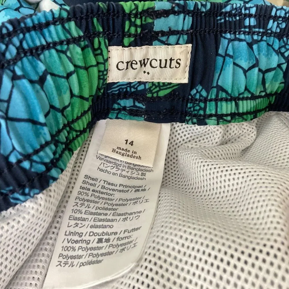 J. Crew Crewcuts Boys 14 Navy Sea Turtle Swim Trunks mesh lining drawstring